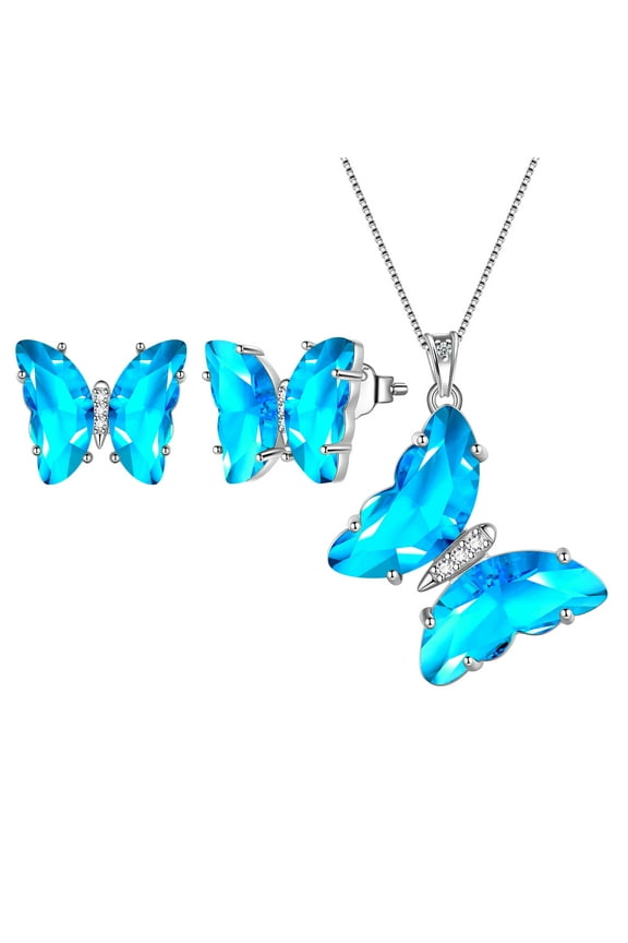 Blue Butterfly Jewelry Sets Necklace Earrings Sterling Silver Aquamarine Jewelry Set March Birthstone Crystal Women Birthday Mother's Day Gifts