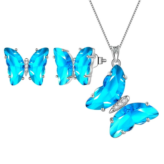 Blue Butterfly Jewelry Sets Necklace Earrings Sterling Silver Aquamarine Jewelry Set March Birthstone Crystal Women Birthday Mother's Day Gifts