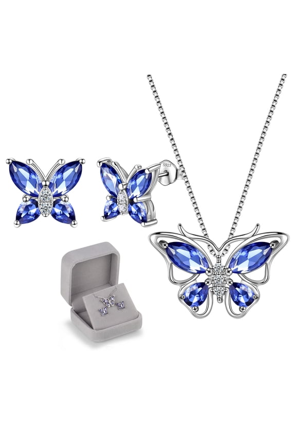 Blue Butterfly Jewelry Tanzanite December Birthstone Jewelry Set Fine Necklace/Earrings 925 Sterling Silver Women Birthday Christmas Mother's Day Gift