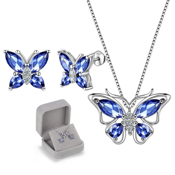 Blue Butterfly Jewelry Tanzanite December Birthstone Jewelry Set Fine Necklace/Earrings 925 Sterling Silver Women Birthday Christmas Mother's Day Gift