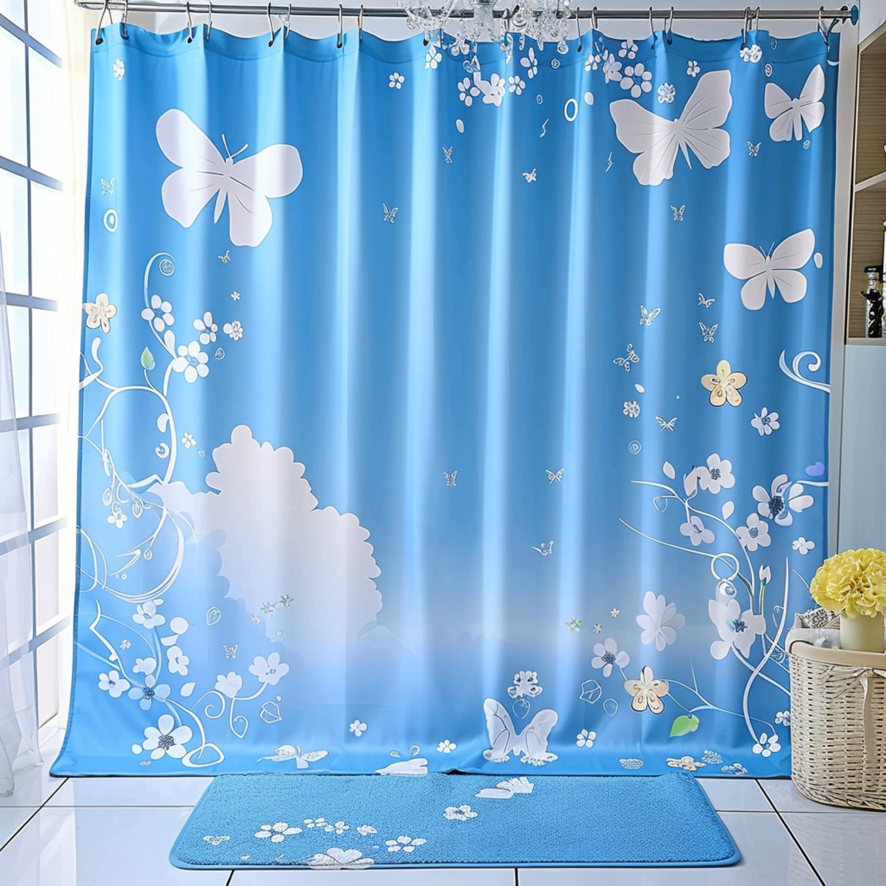 Blue Butterfly Kids Bathroom Curtain Set with White Butterflies Cartoon Style Children's Print ...