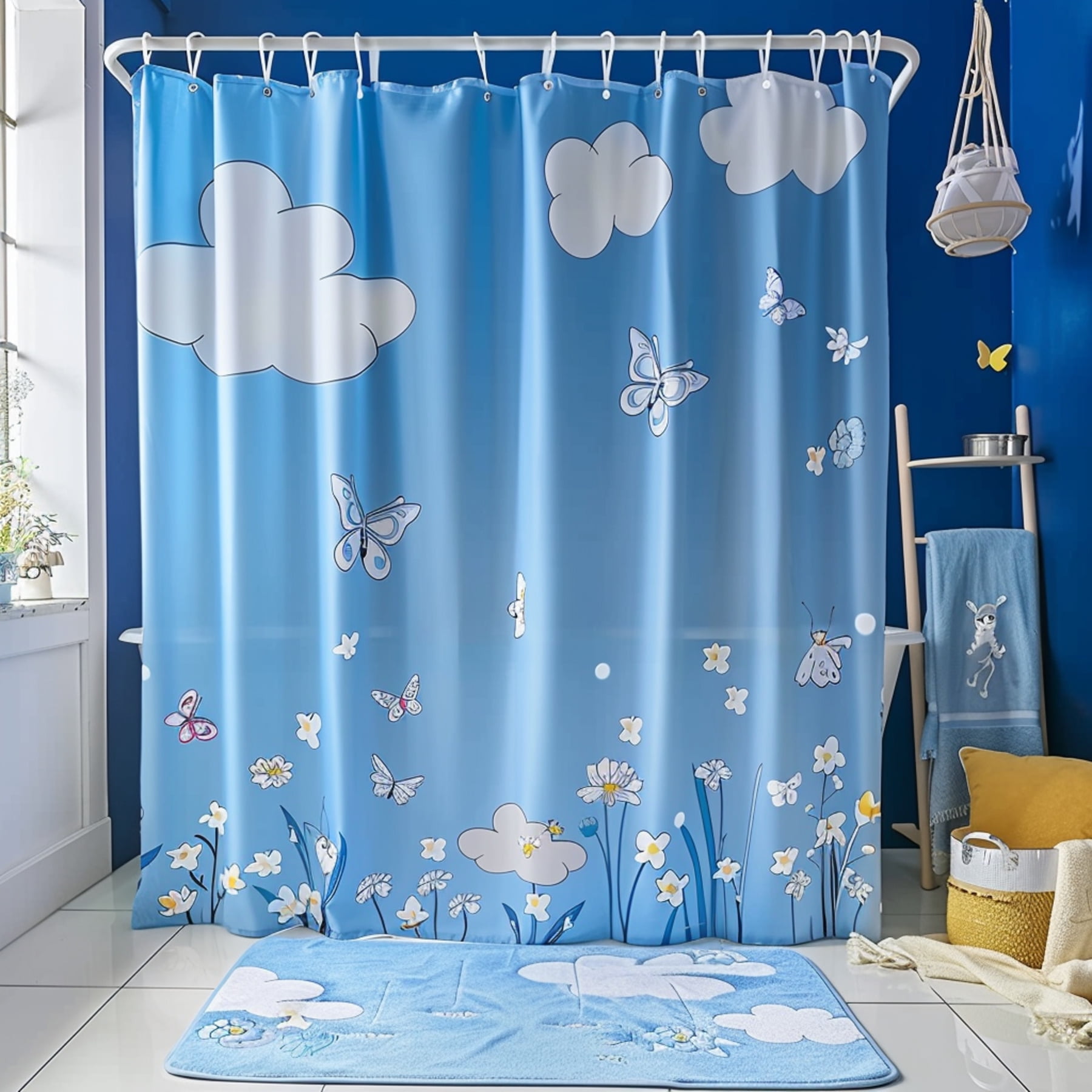Blue Butterfly Kids Shower Curtain Cartoon Cute Style with White Clouds