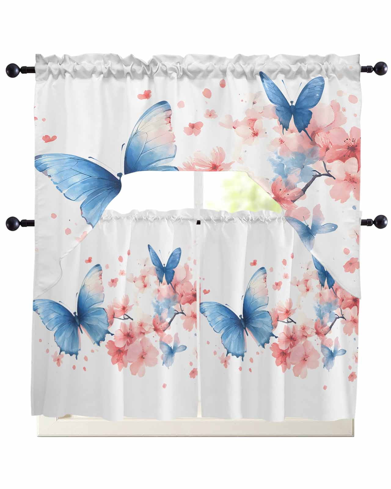 Blue Butterfly Kitchen Curtains Sets 24 Inch Length with Valance ...