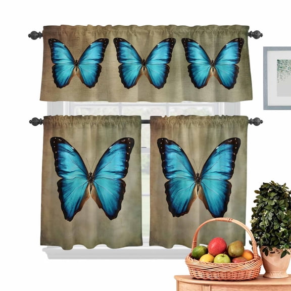 Blue Butterfly Kitchen Curtains Valances 3 Piece Set, Vintage Brown Retro Bug Farm Rod Pocket Tier Curtain and Valance Drapes for Small Window 24 Inch Length for Bedroom Cafe