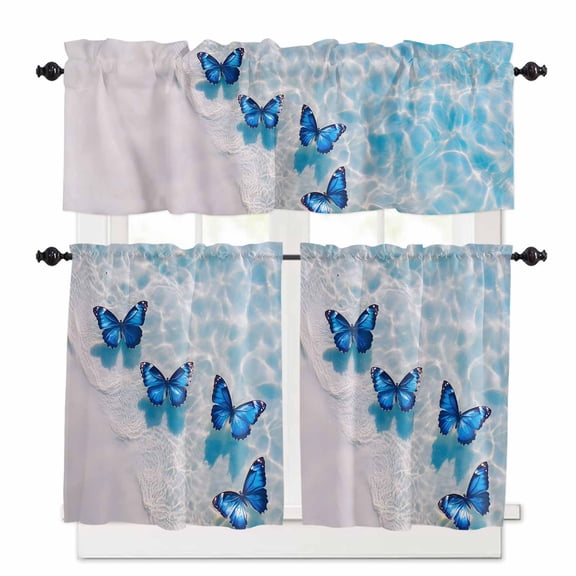 Blue Butterfly Kitchen Curtains and Valances Set, Ocean Water Beach Scenery Rod Pocket Window Valance 18 Inch Window Curtain Panels for Living Room Bedroom Laundry, 27.5x24in, 3 Pieces