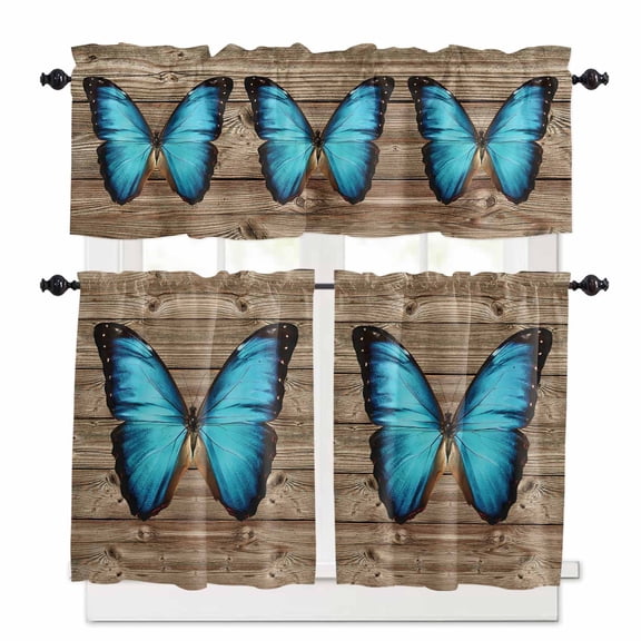 Blue Butterfly Kitchen Curtains Valances and Tiers Set of 3 Vintage Brown Wood Grain Retro Bug Tier Curtains and Valance for Kitchen Bathroom Small Windows 27.5"W x 24"L (Pack of 3)