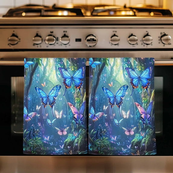Blue Butterfly Kitchen Towels Set of 2, Modern Art Forest Butterflies Absorbent Dish Towels for Kitchen, Microfiber Hand Towel, Quick Drying Tea Towel for Cleaning Decorative Dishcloths