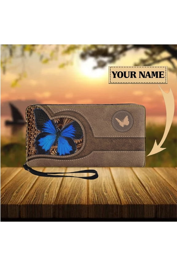 Blue Butterfly Ladies Purse Wristlet Wallets for Women Leather Girls Travel Cash Holder Slim Portable Card Holder Multifunction