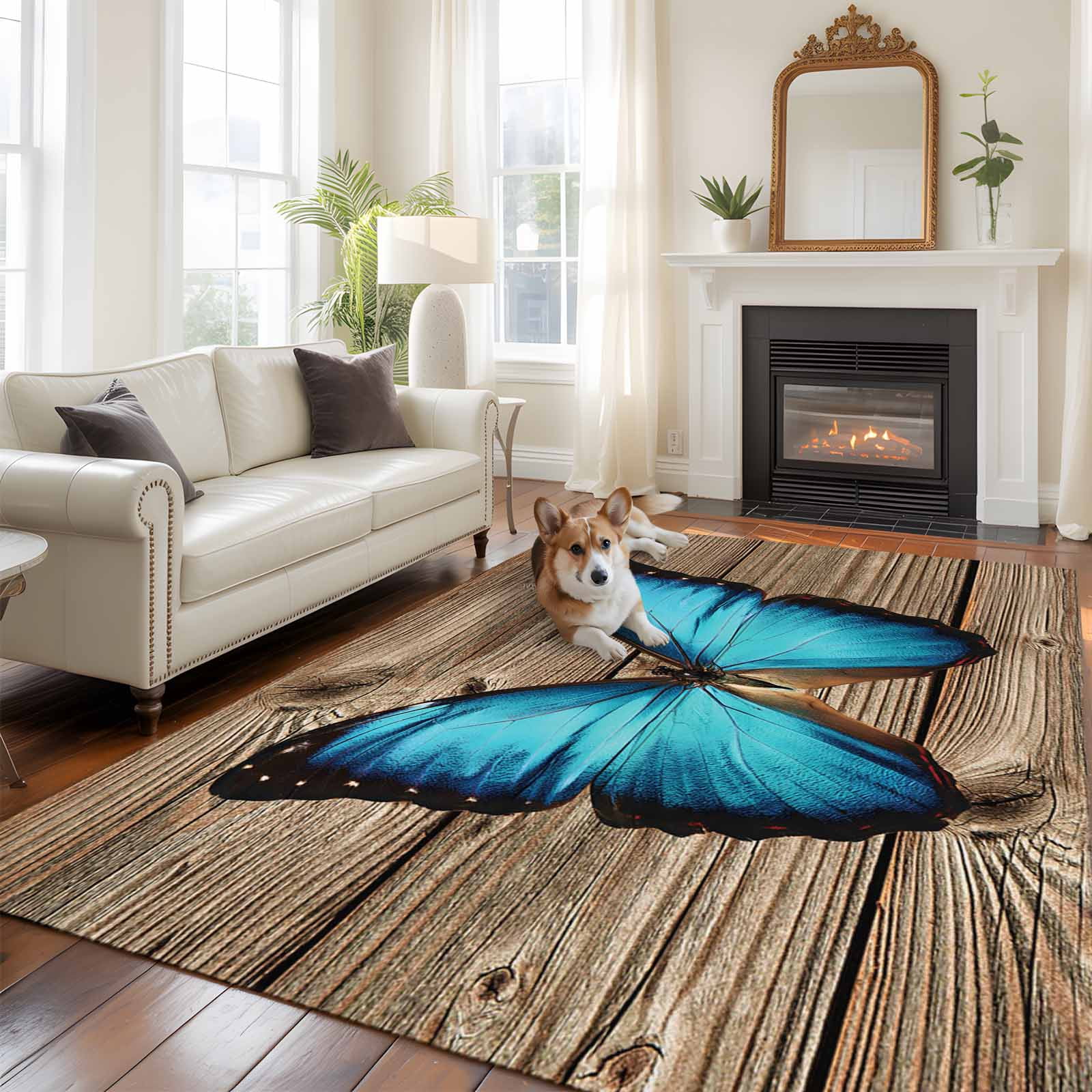 Blue Butterfly Large Area Rugs 8x10 ft Vintage Brown Wood Grain Retro ...