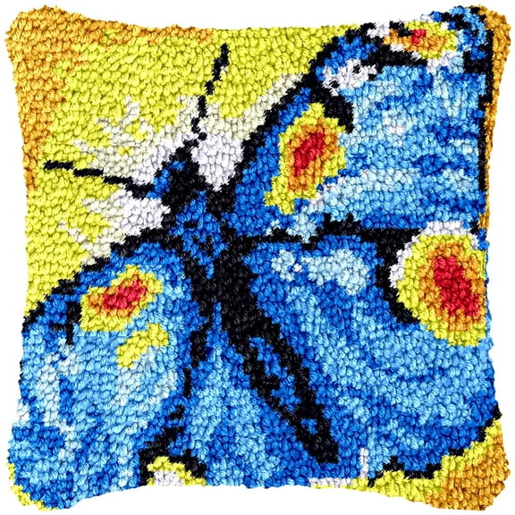 Blue Butterfly Latch Hook Kits Pillow Cover DIY Rug Making Crochet Hook Cushion Making Kits with Preprinted Pattern Canvas DIY Needlework Crochet Kits Sofa Decor 43x43cm