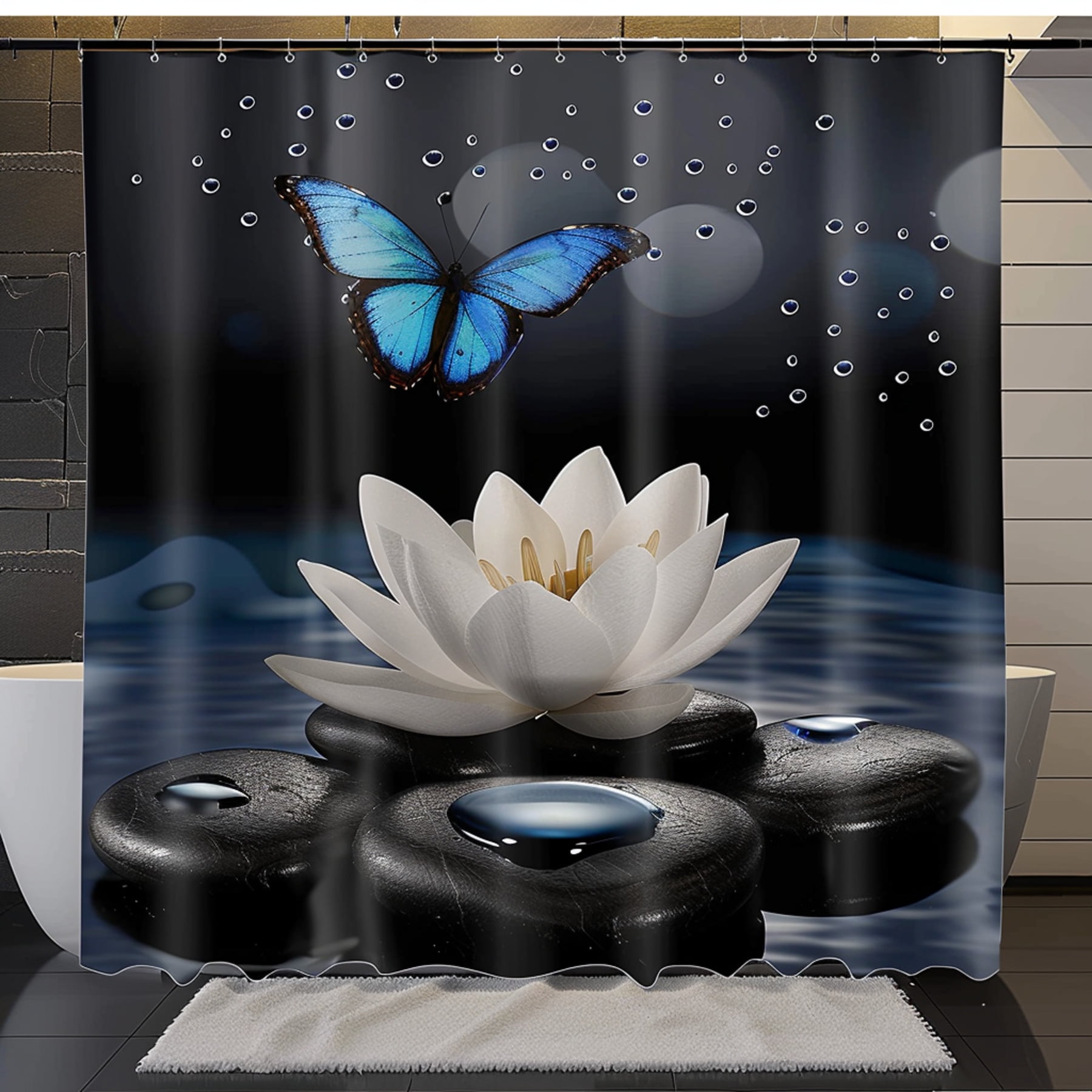 Blue Butterfly Lotus Flower Shower Curtain AsianInspired Bathroom Decor