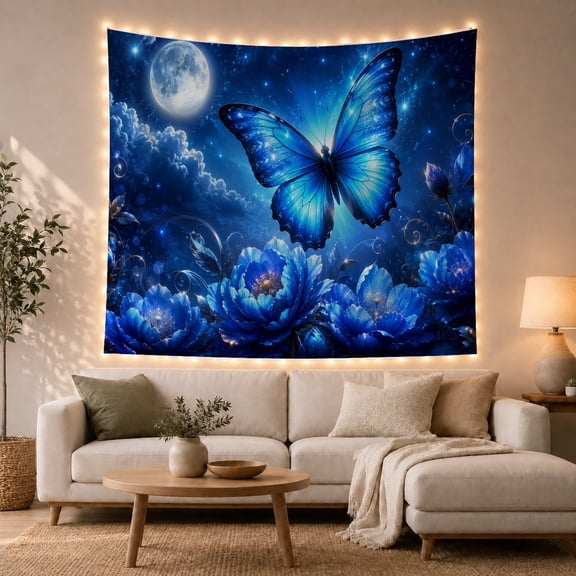 Blue Butterfly Above Moonlit Flowers, Dreamy Fantasy Style for Butterfly Lovers, Floral Wall Art, Mother's Day Gift, Tapestry Wall Hanging for Bedroom and Living Room