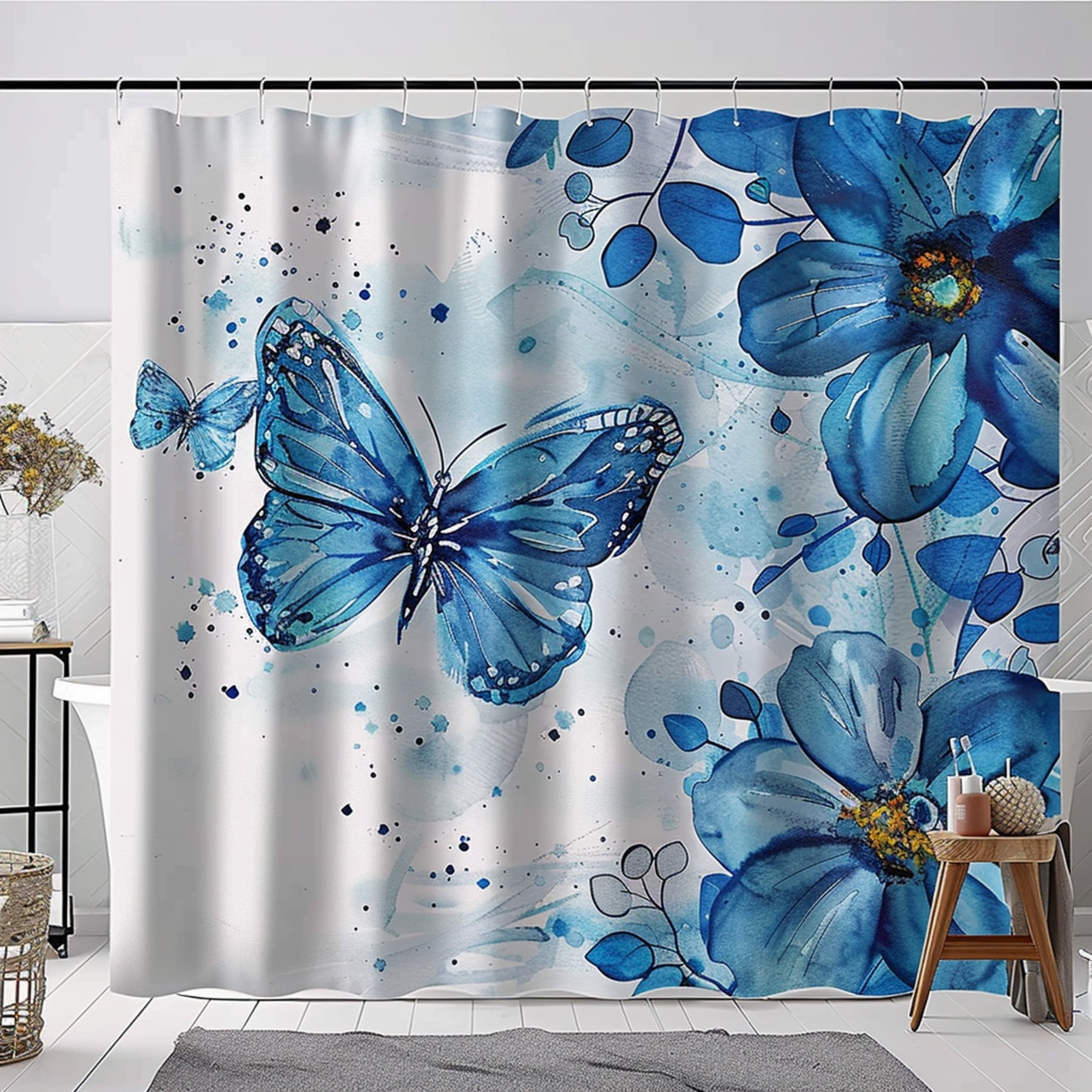 Blue Butterfly Oil Painting Shower Curtain Boho Style Bathroom Decor ...