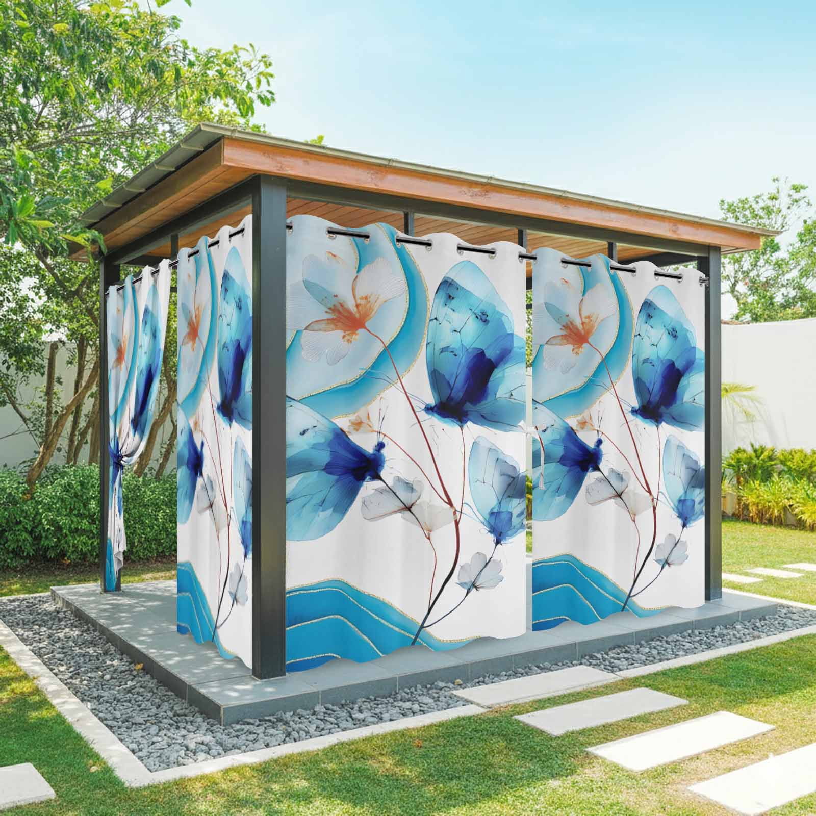 Blue Butterfly Outdoor Curtains for Patio, Watercolor White Flowers Ocean Wave Modern Sunshade Privacy Drapes Grommet Waterproof Outside Curtains for Porch/Cabana/Balcony 54"x 108", 1 Panel