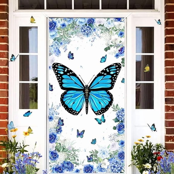 Blue Butterfly Party Decoration Door Cover Blue Floral Butterfly Spring Summer Birthday Baby Shower Porch Banner Seasonal Party Decor Supply for Indoor Outdoor Garden Home