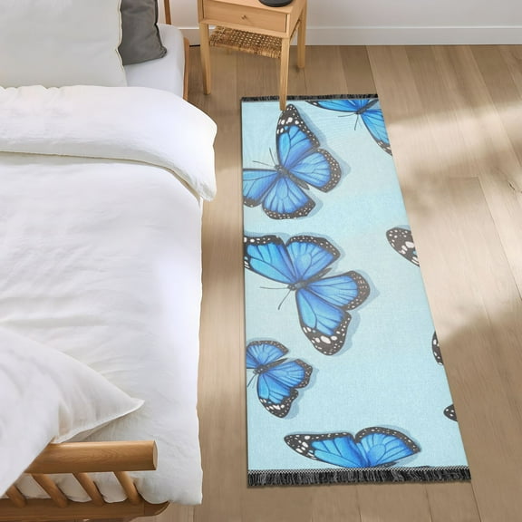 Blue Butterfly Pattern Bedroom Runner Rug 2'x 6' Non Slip Carpet Indoor Home Area Rug Living Room
