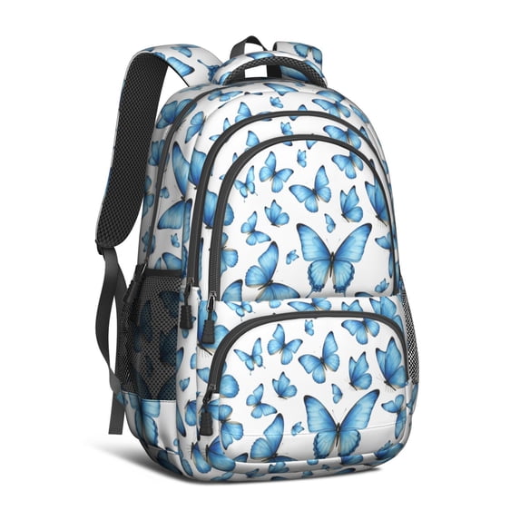 Blue Butterfly Pattern Cute School Backpack Bag with Padded Back and Adjustable Shoulder Straps 16.9 X 12.6 X 5.9 Inches