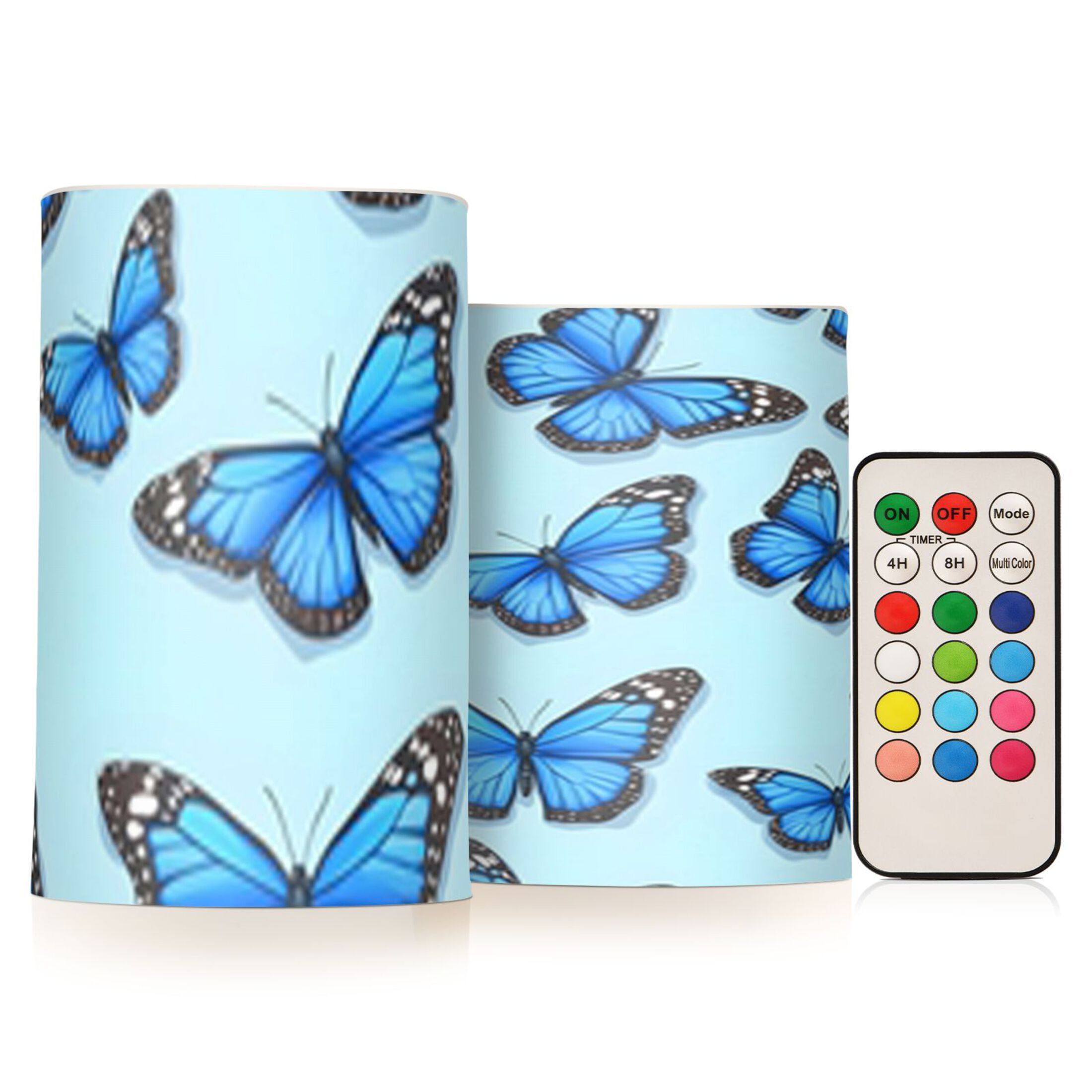 Blue Butterfly Pattern Flickering Flameless Candles Battery Operated with Remote Timer LED Pillar Candles Set of 2