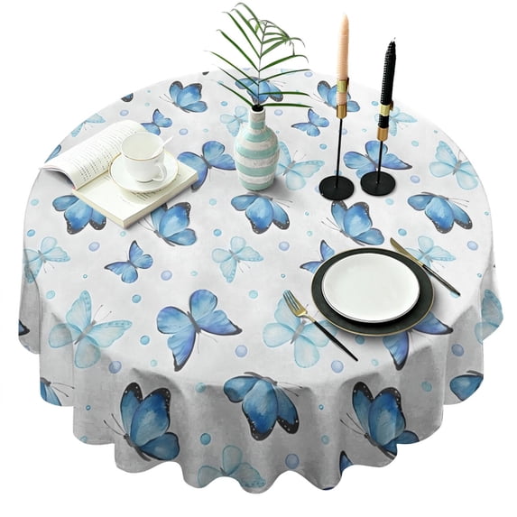 Blue Butterfly Pattern Round Tablecloth 60"x60",Wrinkle Wipeable Table Cloth for Kitchen Dining Room Picnic Patio Party