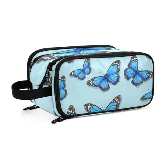 Blue Butterfly Pattern Travel Makeup Bag Large Capacity Cosmetic Bag for Women with Divider and Handle