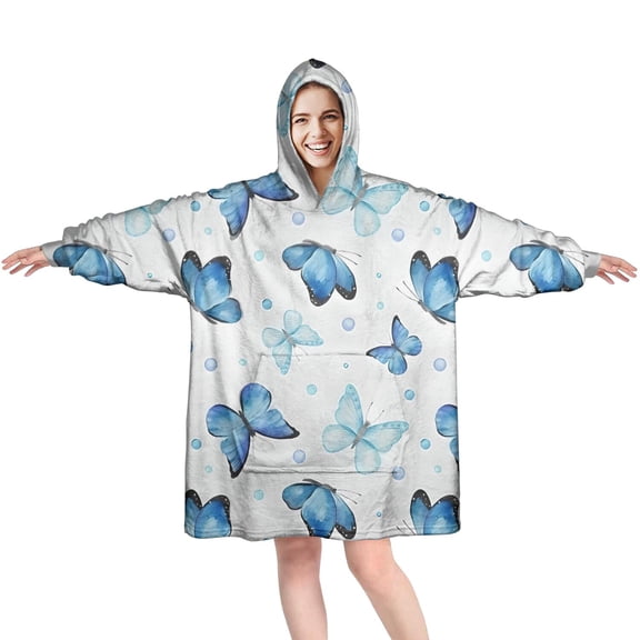 Blue Butterfly Pattern Wearable Oversized Blanket,Wearable Blanket Hoodie for Adults,Cozy Hooded Blankets with Super Pockets,Super Warm Fuzzy Pullover for Women & Men