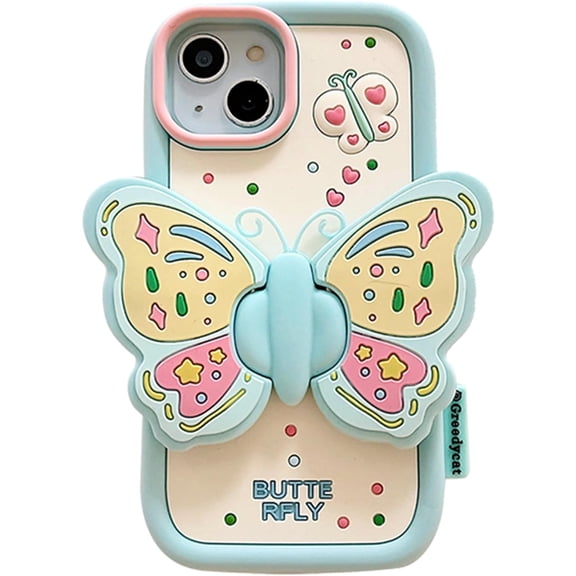 Blue Butterfly Phone Case Compatible with iPhone 12, Cute 3D Korea Dopamine Butterfly Case with Butterfly Wings Folding Stand Shockproof Silicone Soft Case