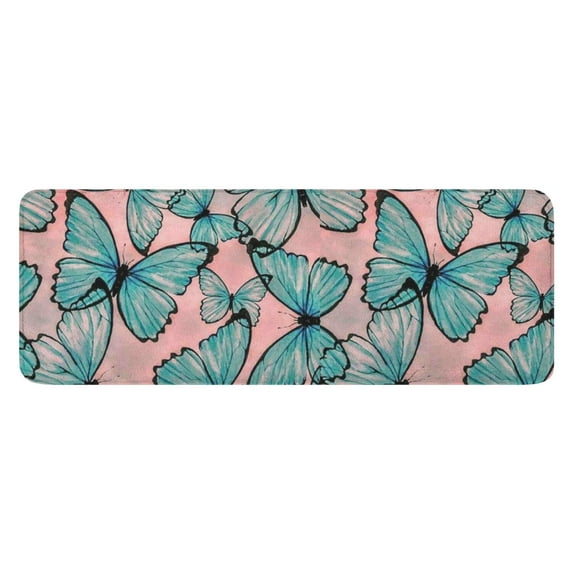 Blue Butterfly Pink Background Pattern Kitchen Rug Mat,Kitchen Runner Rugs Non Skid Washable,Decorative Kitchen Floor Mats for Kitchen,Sink,Laundry,17"x47.2"
