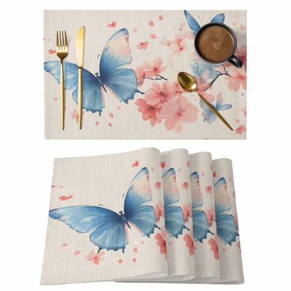 Blue Butterfly Placemats Set of 8 Retro Country Spring Pink Flowers Plants Place Mats Indoor Wipeable Table Mats Washable Cloth Dining Table Placemats for Kitchen Holiday Party Home Decor 13x19 Inch