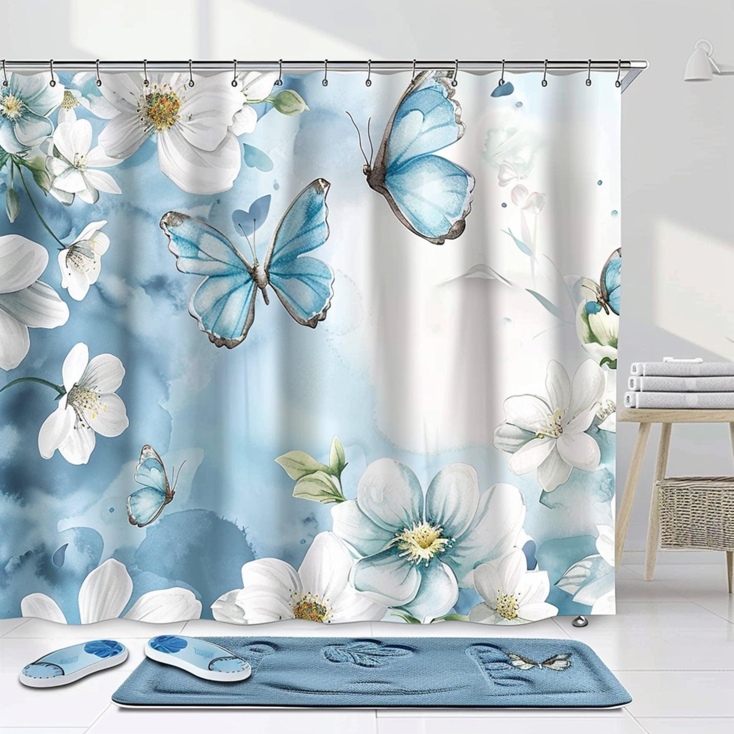 Blue Butterfly Print Bathroom Curtain with White Flowers High ...