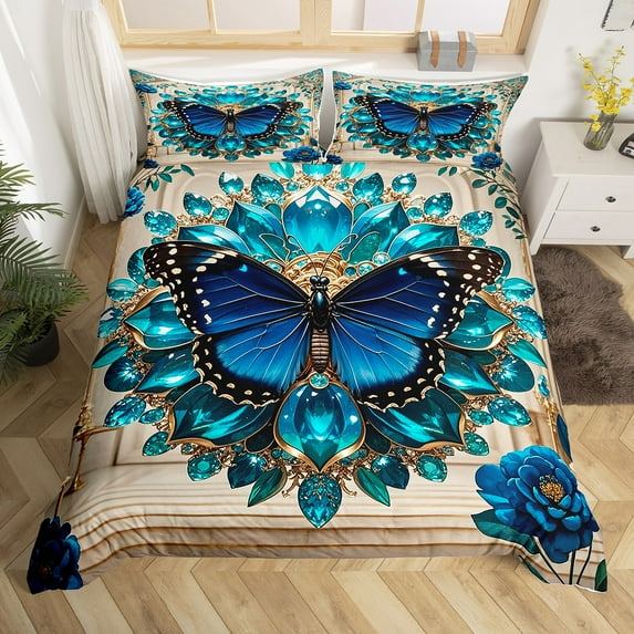 Blue Butterfly Print Duvet Cover Full, Dreamy Victorian Diamond Bedding Sets Full Size, Vintage Damask Comforter Cover Full, Super Cozy Bedroom Decoration, Zipper Closure and Reversible 3 Pieces