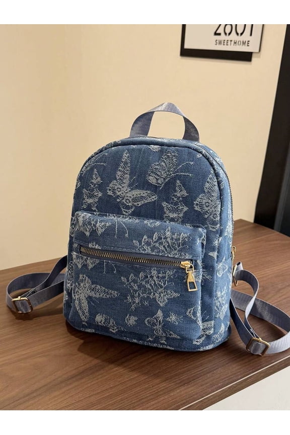 Blue Butterfly Print Mini Backpack With Front Zip Pocket And Adjustable