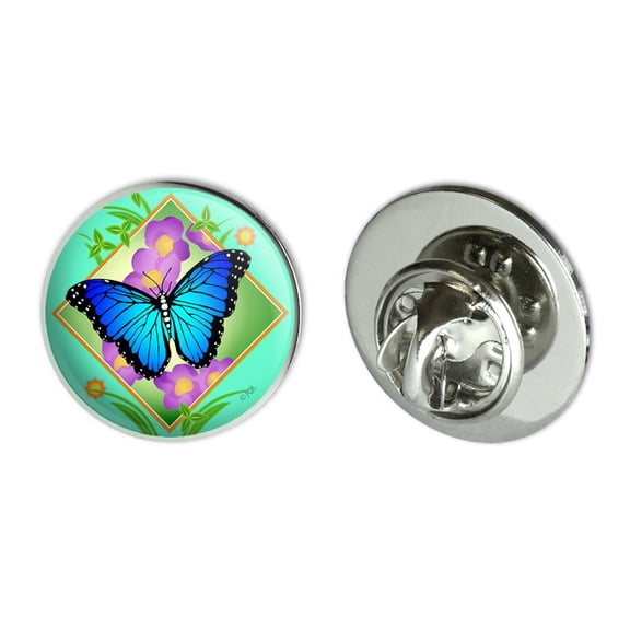 Blue Butterfly Purple Flowers Metal 0.75" Lapel Hat Pin Tie Tack Pinback