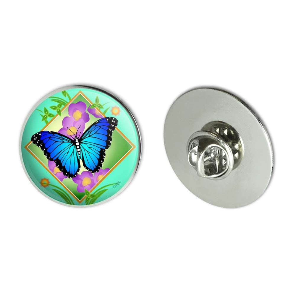Blue Butterfly Purple Flowers Metal 1.1" Tie Tack Hat Lapel Pin Pinback