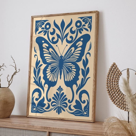 Blue Butterfly Rococo Floral Home Decor Unframed Paper Print