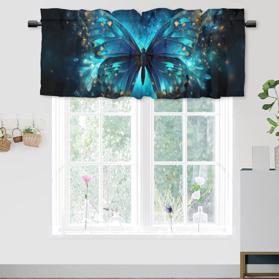 Blue Butterfly Rod Pocket Thermal Insulated Curtain Valance Glowing Butterflies Starry Sky Thermal Insulated Room Darkening Curtain for Dinning Room 54 by 18 in, 1 Panel