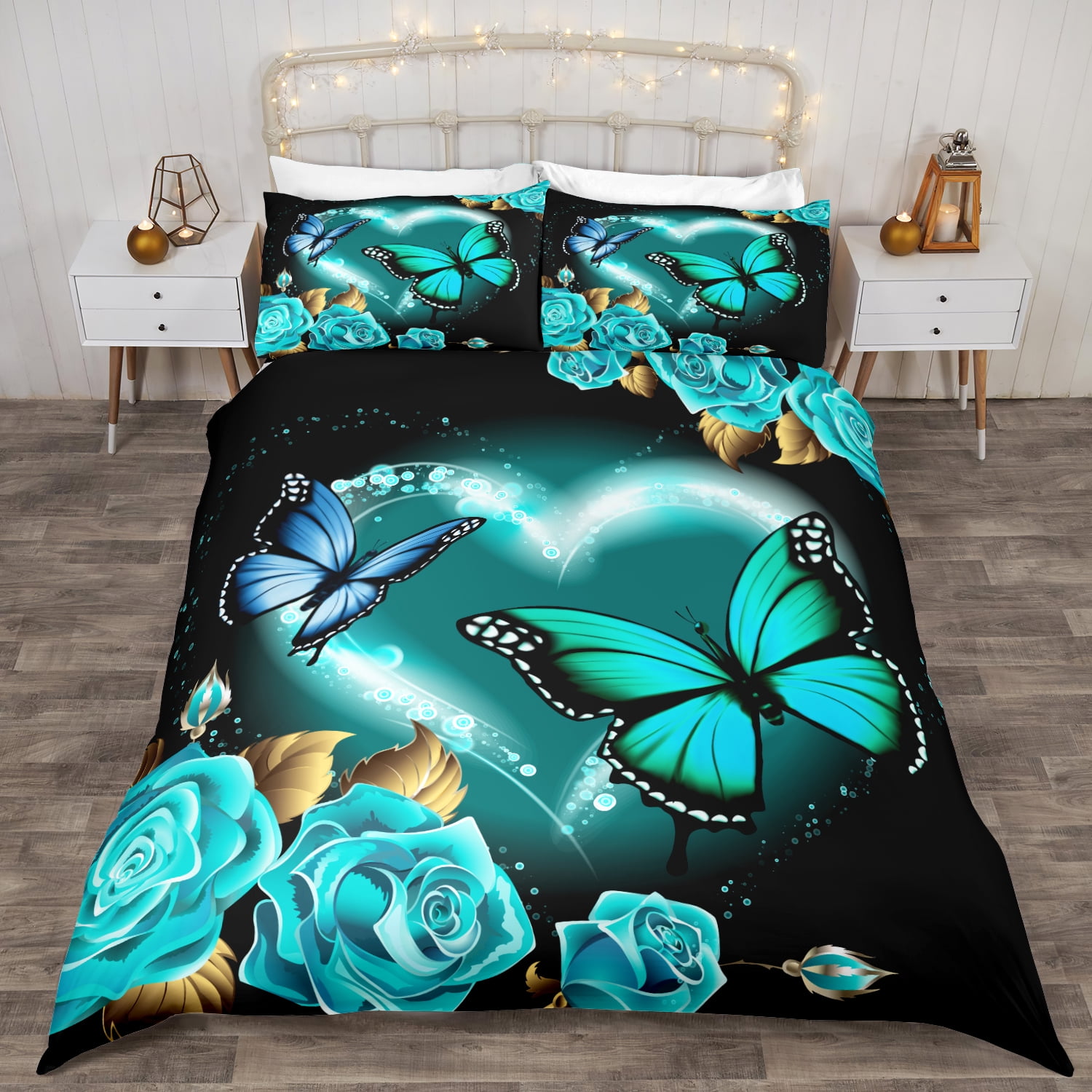 Blue Butterfly Rose Duvet Cover for Teens Couple Valentine's Day
