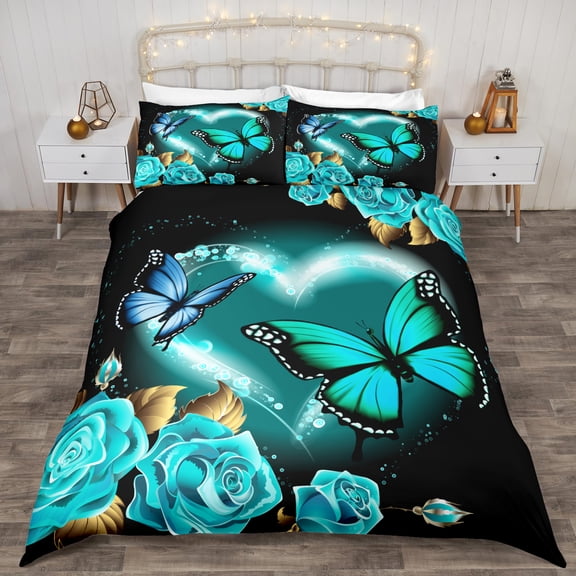 Blue Butterfly Rose Duvet Cover for Teens Couple Valentine's Day Gifts, Flower Print Romantic Theme Twin Bedding Set for Kids Boys Girls