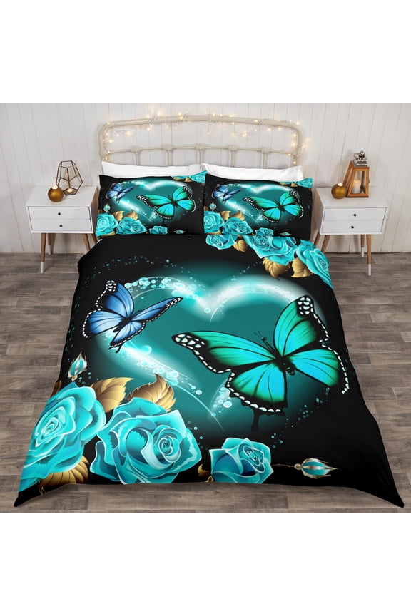 Blue Butterfly Rose Duvet Cover for Teens Couple Valentine's Day Gifts, Flower Print Romantic Theme Twin Bedding Set for Kids Boys Girls