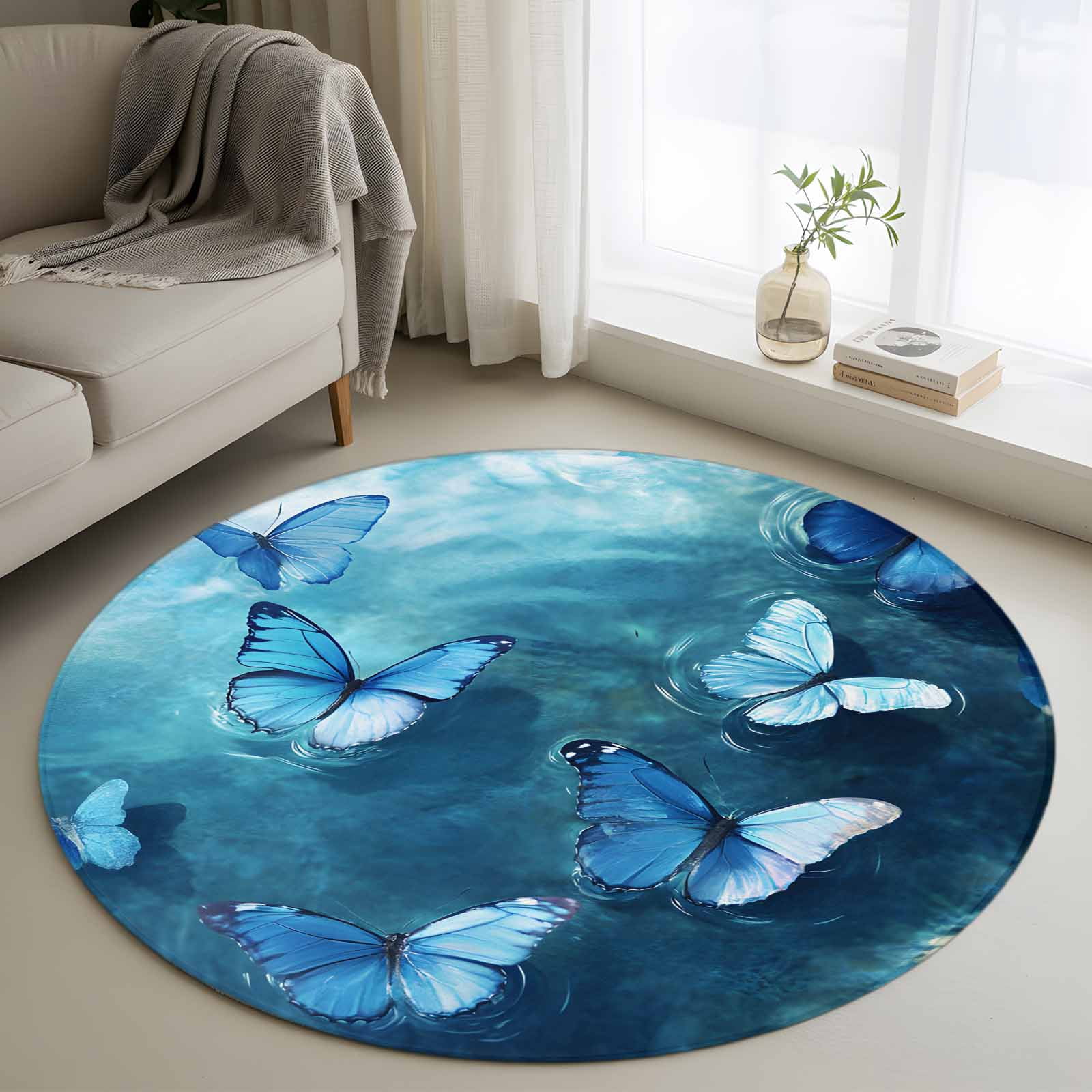 Blue Butterfly Round Living Room Rugs 4 ft, Blue Water Background ...
