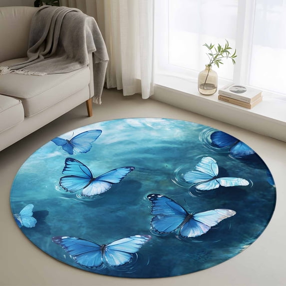 Blue Butterfly Round Living Room Rugs 4 ft, Blue Water Background Ripple Leaves Bug Washable Area Rug with Non-Slip Sturdy Edge Binding Round Carpet for Entryway Kitchen Bedroom Bathroom