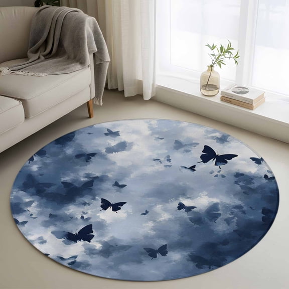 Blue Butterfly Round Rug 4Ft Foggy Navy Blue Butterfly Silhouette Circle Area Rugs Washable Non Slip Indoor Floor Mats Carpet for Living Room Bedroom Dining Room Home Decor