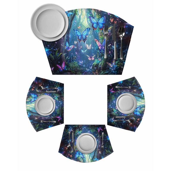 Blue Butterfly Round Table Placemats Set of 2 Wedge Placemats, Modern Art Forest Butterflies Place Mats for Dining Table Set Washable Mats Kitchen Decor for Indoor Outdoor Wipe Clean