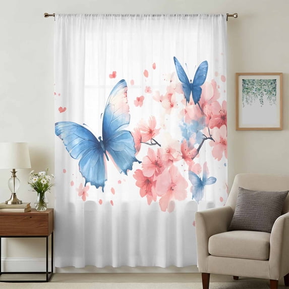 Blue Butterfly Sheer Curtains 63 Inches Long, Watercolor Spring Blossom Nature Flowers Light Filering Curtains, Breathable Simi Curtain Privacy Drapes for Living Room Bedroom Window Treatment