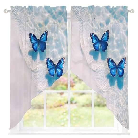 Blue Butterfly Sheer Curtains Swag Valances for Windows Ocean Water Beach Scenery Rod Pocket Swag Curtain Small Window Curtain for Kitchen Living Room Bedroom, 1 Pair 36"W x 36"L
