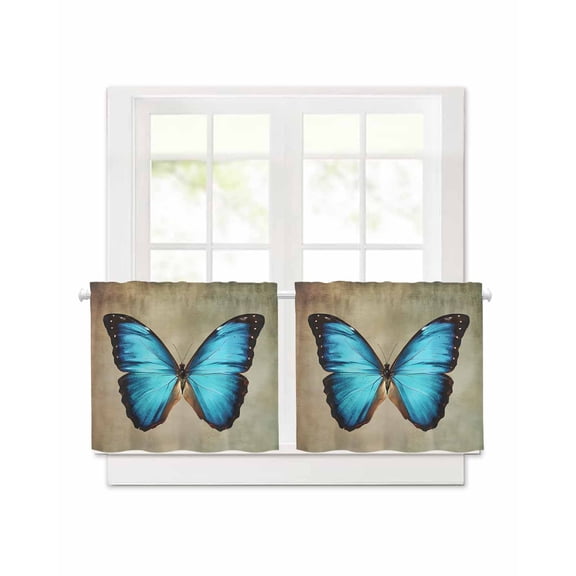 Blue Butterfly Short Blackout Curtains 24 Inch Long Vintage Brown Retro Bug Farm Rod Pocket Kitchen Curtains, 2 Panels Thermal Insulated Darkening Drapes for Bedroom, 30"W x 30"L