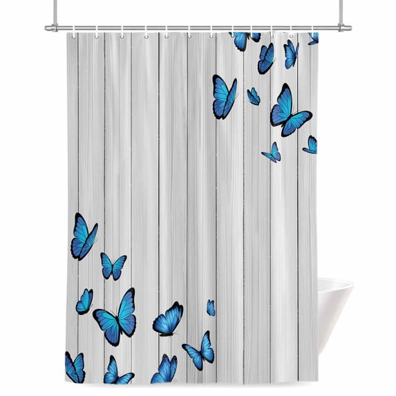 Blue Butterfly Shower Curtain, 36" x 72", Retro Farmhouse Vintage Wood Grain Waterproof Bathroom Curtain Washable Shower Curtain Set with 12 Hooks