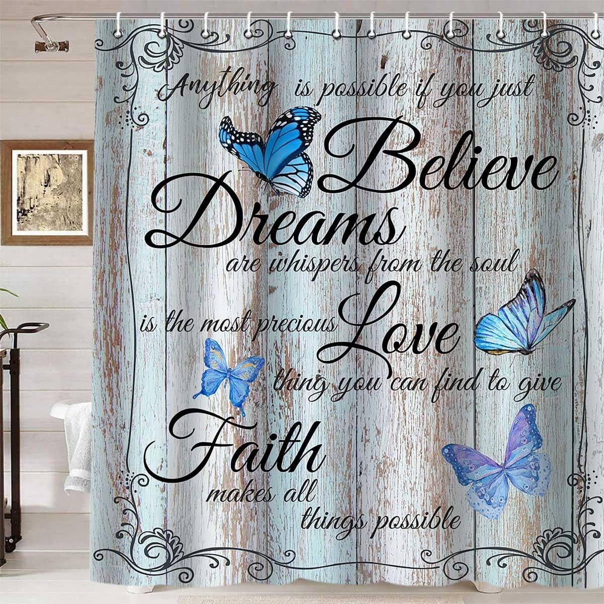 Blue Butterfly Shower Curtain, Inspirational Quotes Shabby Chic Country ...