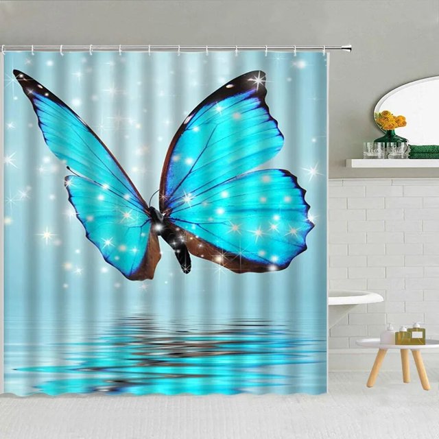 Blue Butterfly Shower Curtain Set Fabric Flying Butterfly With Water