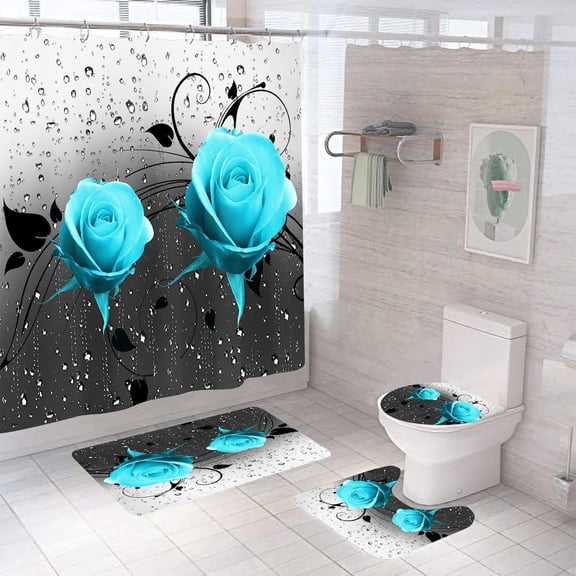 Blue Butterfly Shower Curtain Sets with Rugs,Toilet Lid Cover and Bath Mat Blue Flower Bathroom Shower Curtain Sets with 12 Hooks Waterproof Polyester Floral Shower Curtains for Bathroom Decor Sets