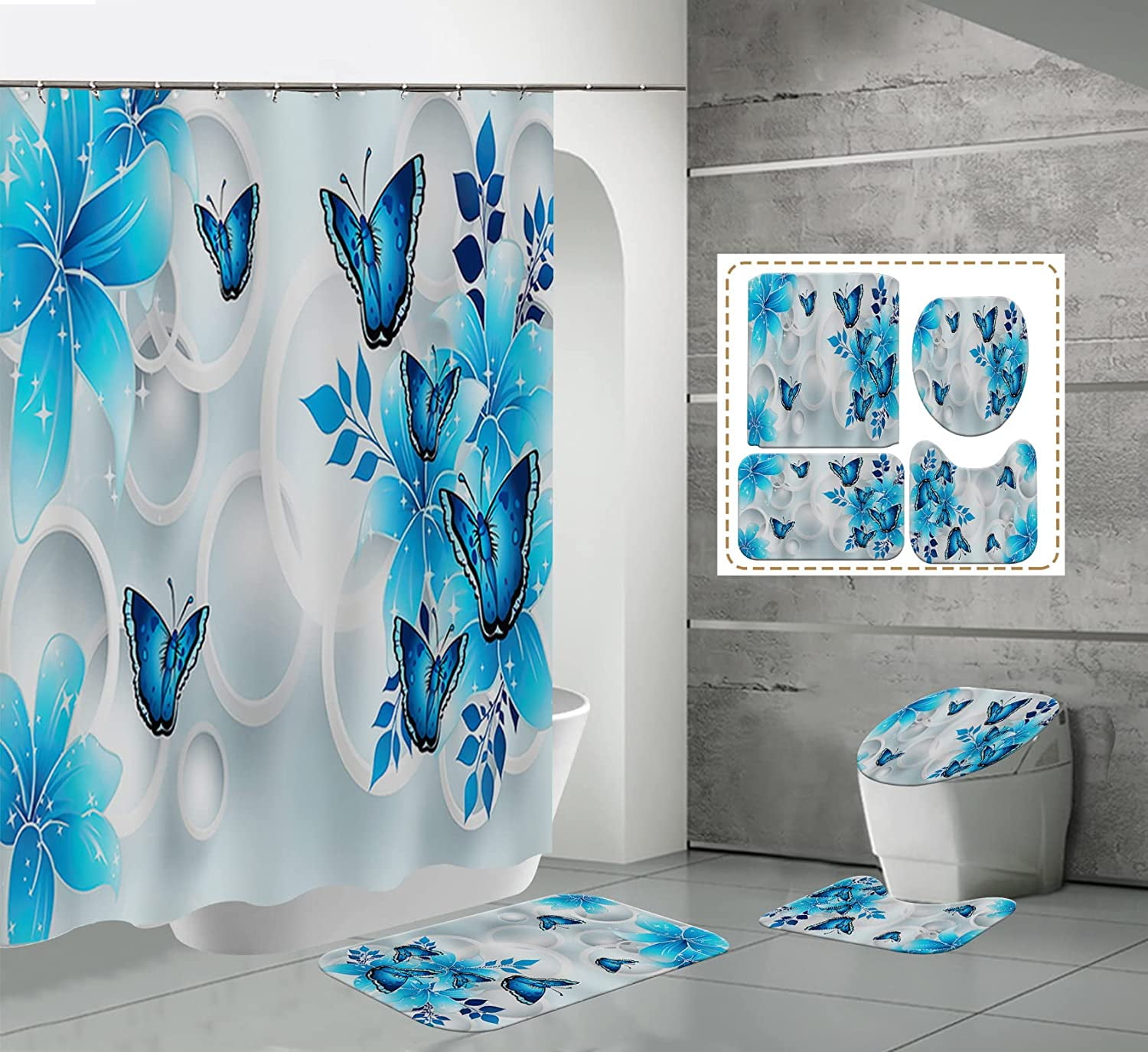 Blue Butterfly Shower Curtain Sets with Rugs Toilet Lid Cover and Bath
